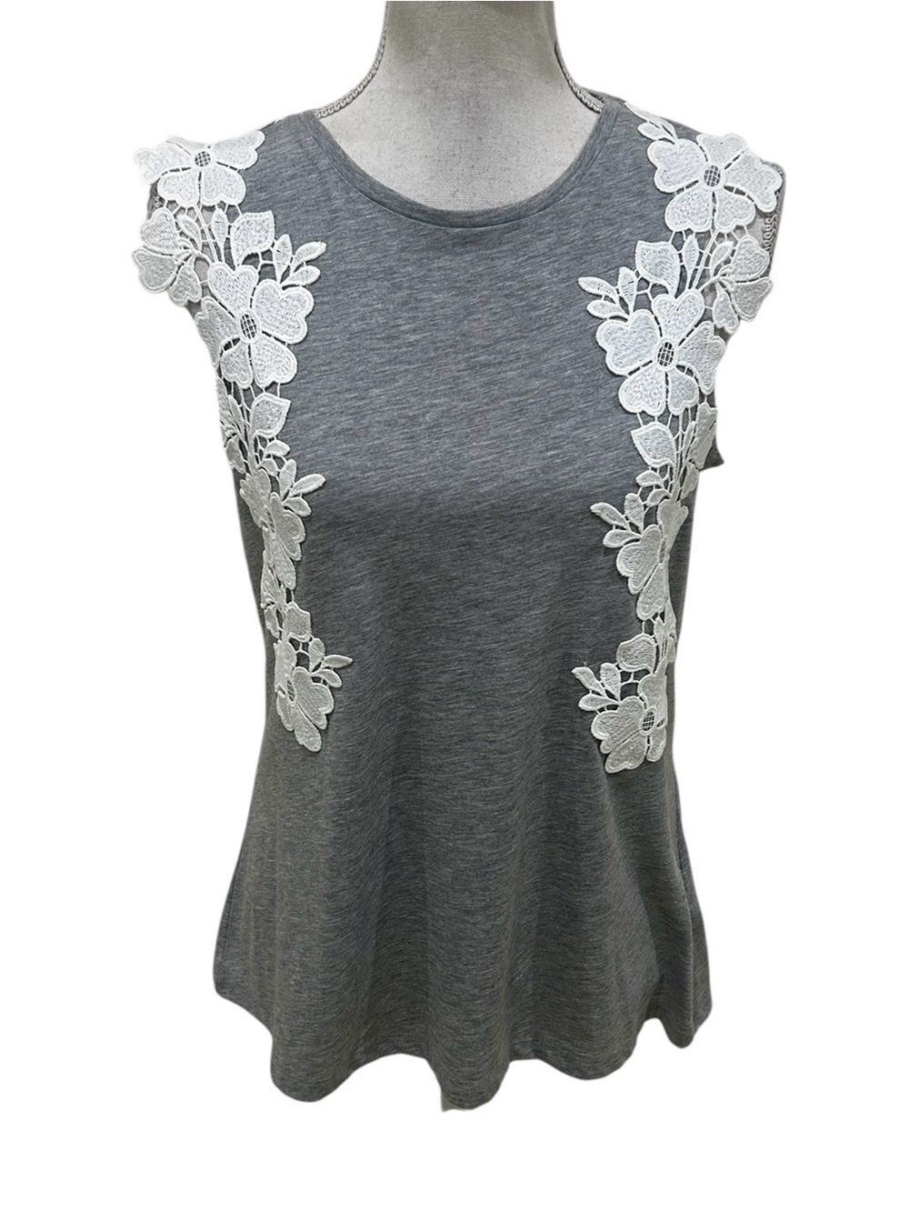 Dorothy Perkins Gray sleeveless Tank Top with off White Floral Lace trim size 10